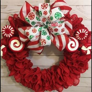 Red Burlap Candy Cane Wreath